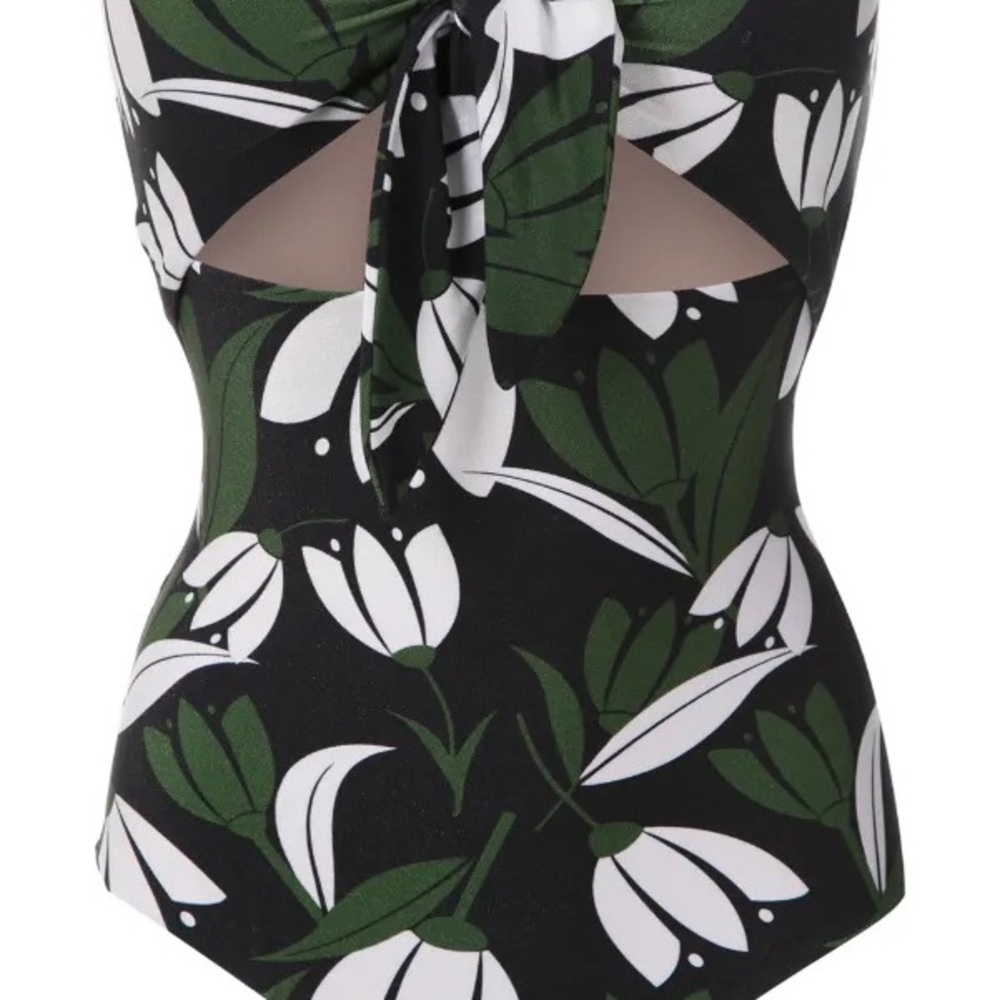 Elegant Floral One Piece Swimsuit - Black and Green